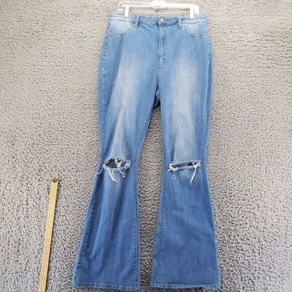 Fashion Nova Denim - Fashion Nova Jeans Womens 16 Blue Distressed Flare High Waist Stretch Denim